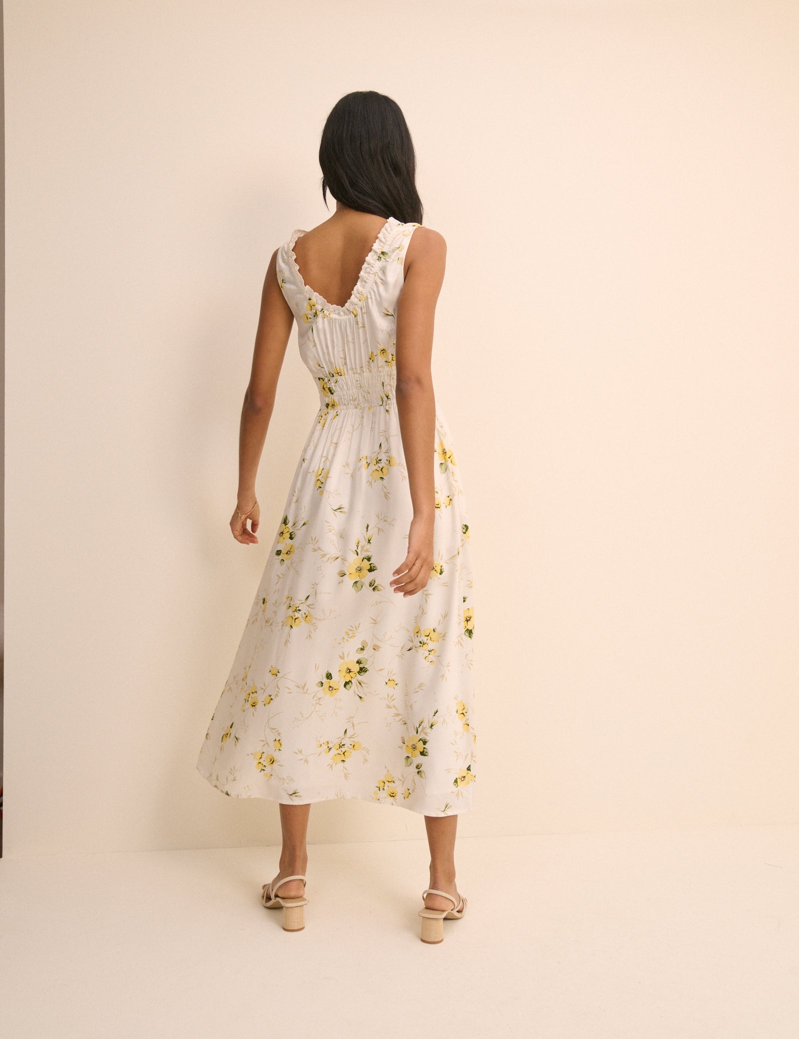White Floral Shirred Sleeveless Isabella Midi Dress