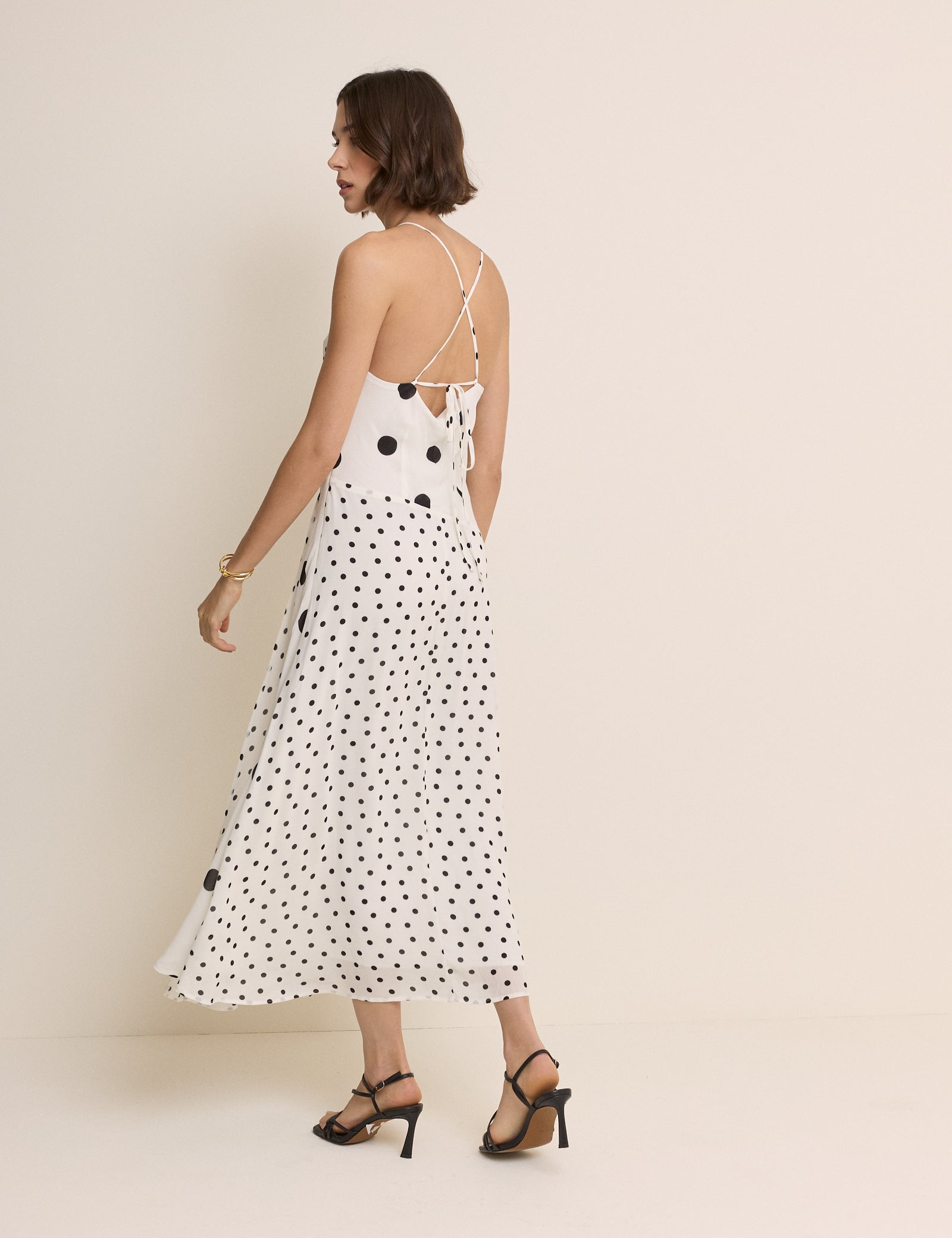 White Polka Dot Asymmetrical Dani Midi Dress
