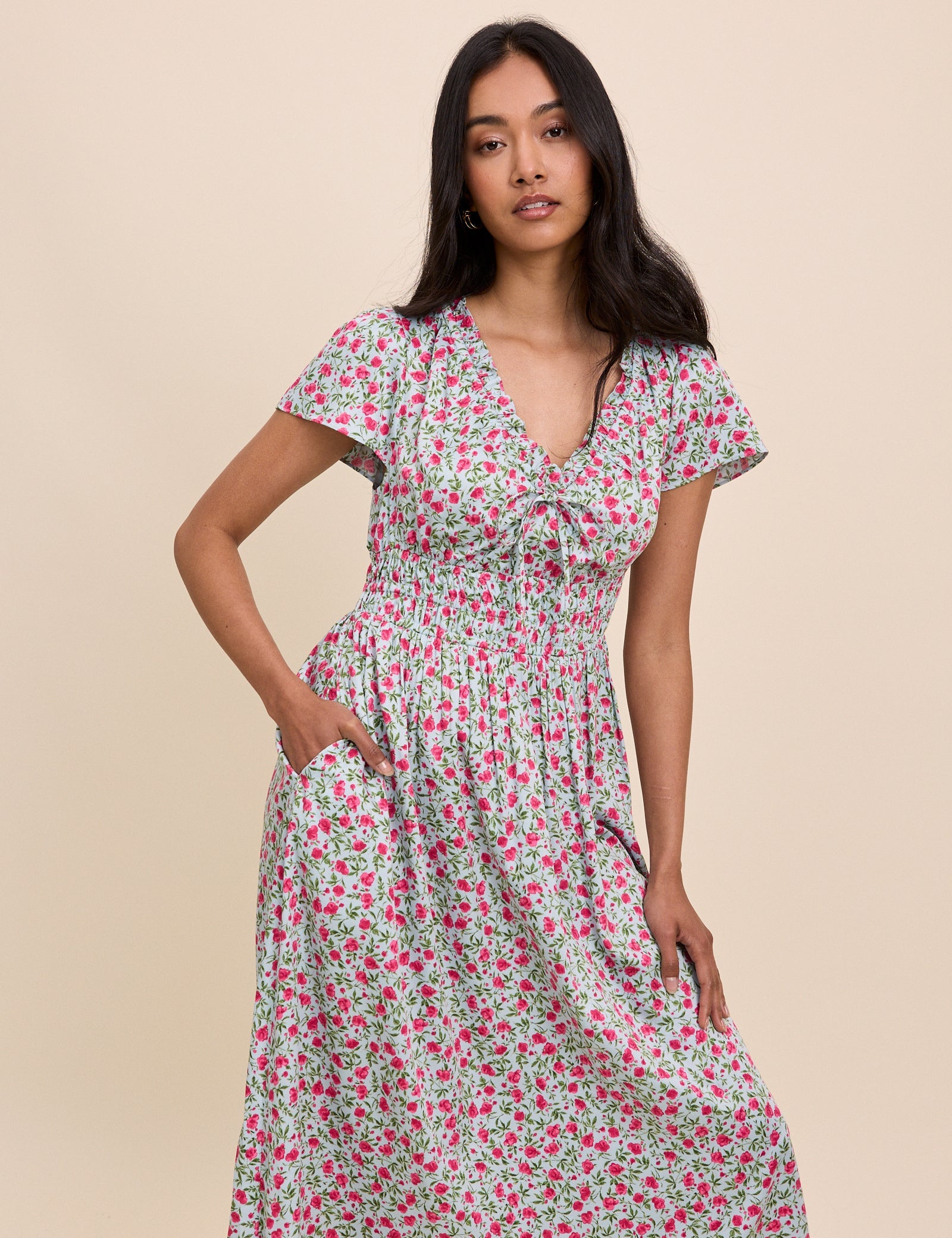 Blue Floral Shirred Lisa Midi Dress