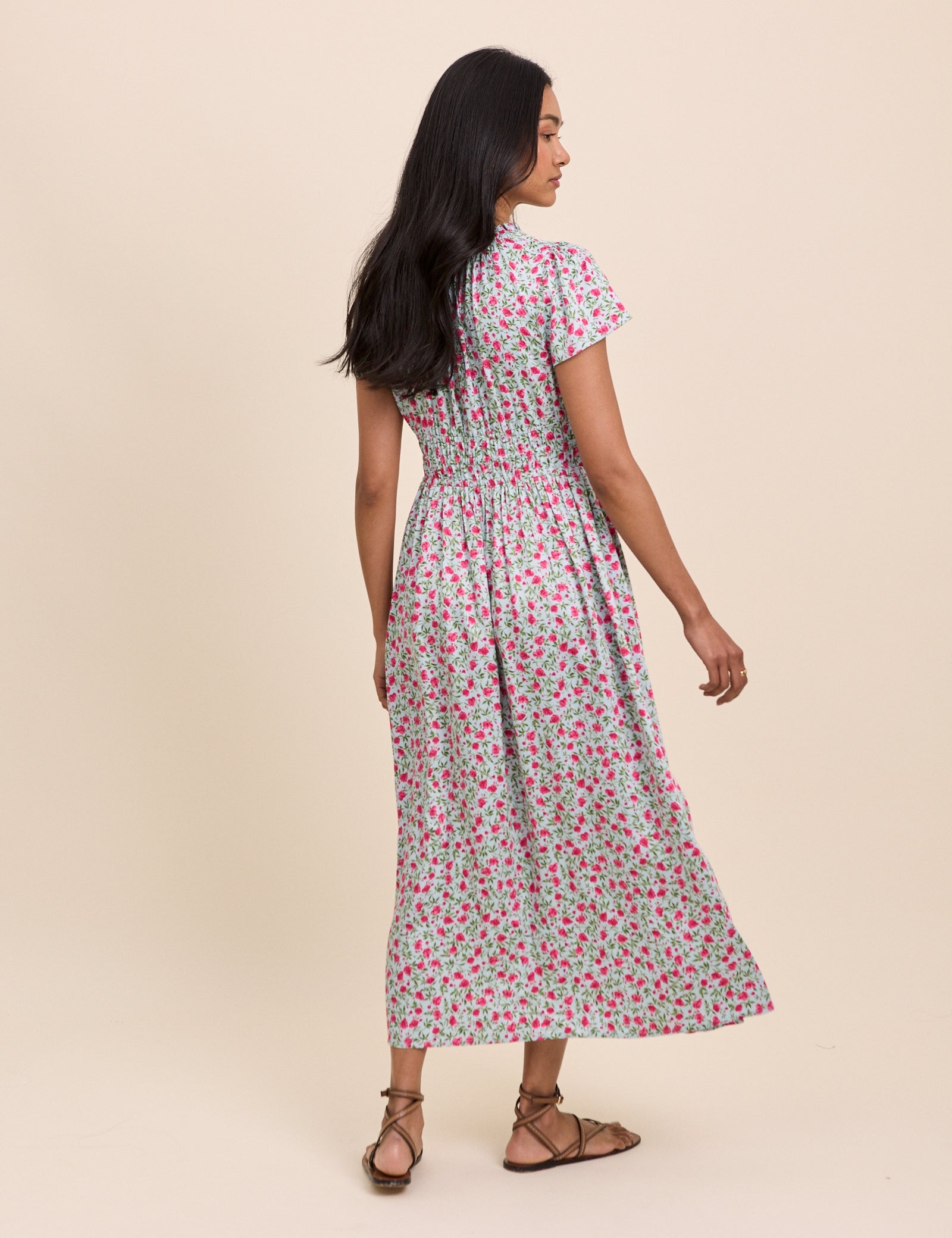 Blue Floral Shirred Lisa Midi Dress