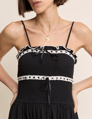 Black Shirred Ruffle Trim Ferne Midi Dress