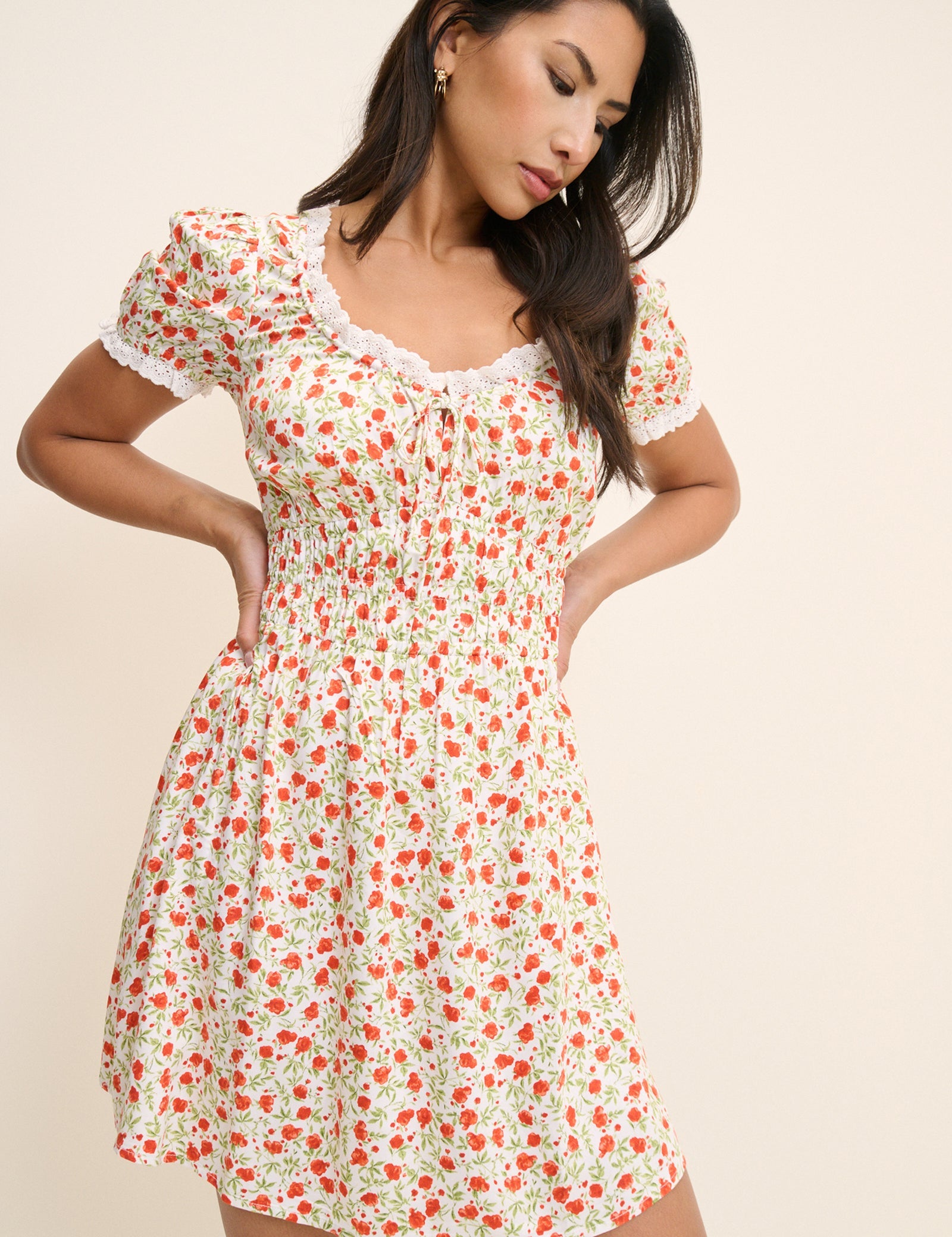 Red Floral Lace Trim Selena Mini Dress