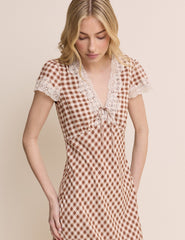 Brown Gingham Lace Trim Aida Midi Dress