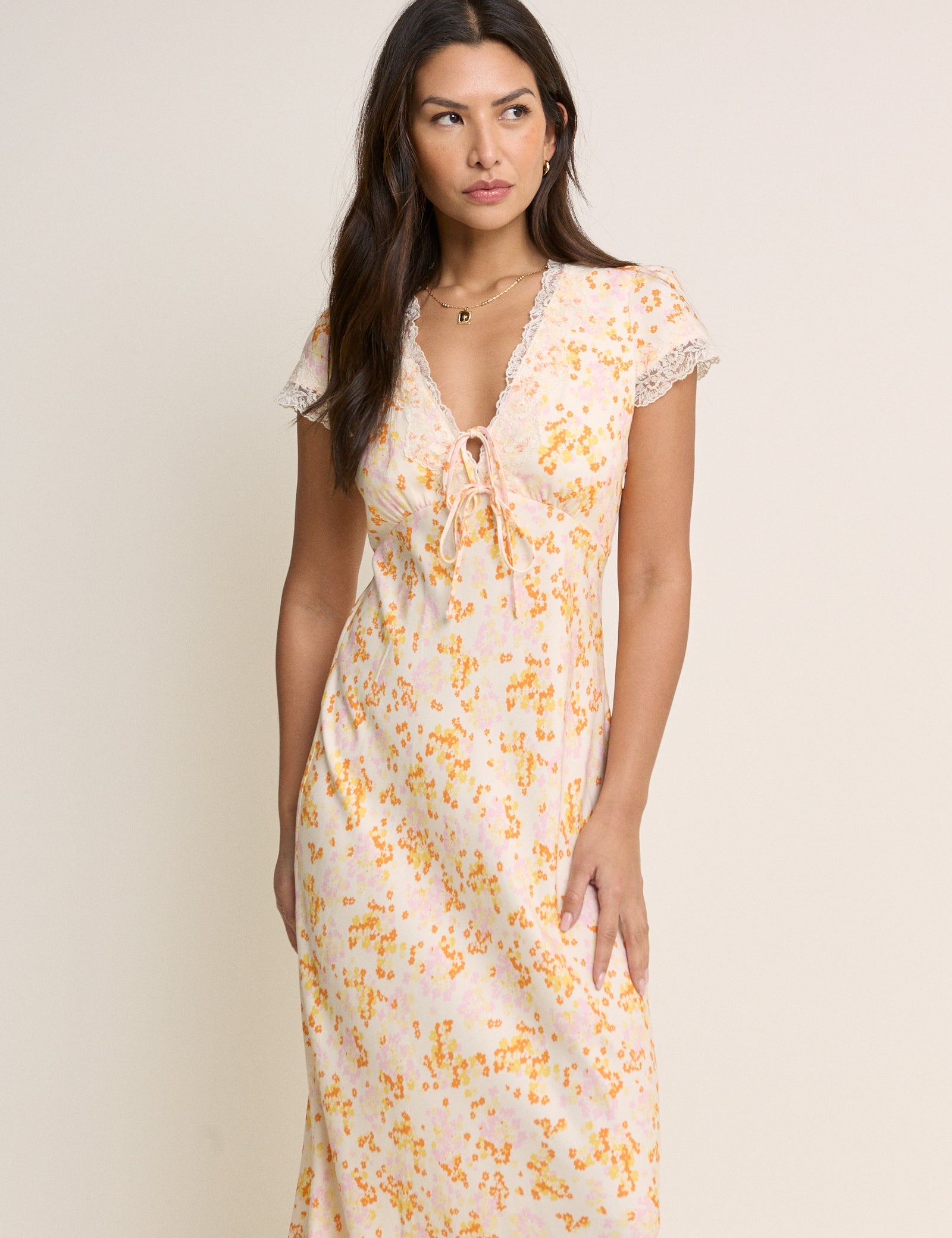Orange Floral Lace Trim Aida Midi Dress
