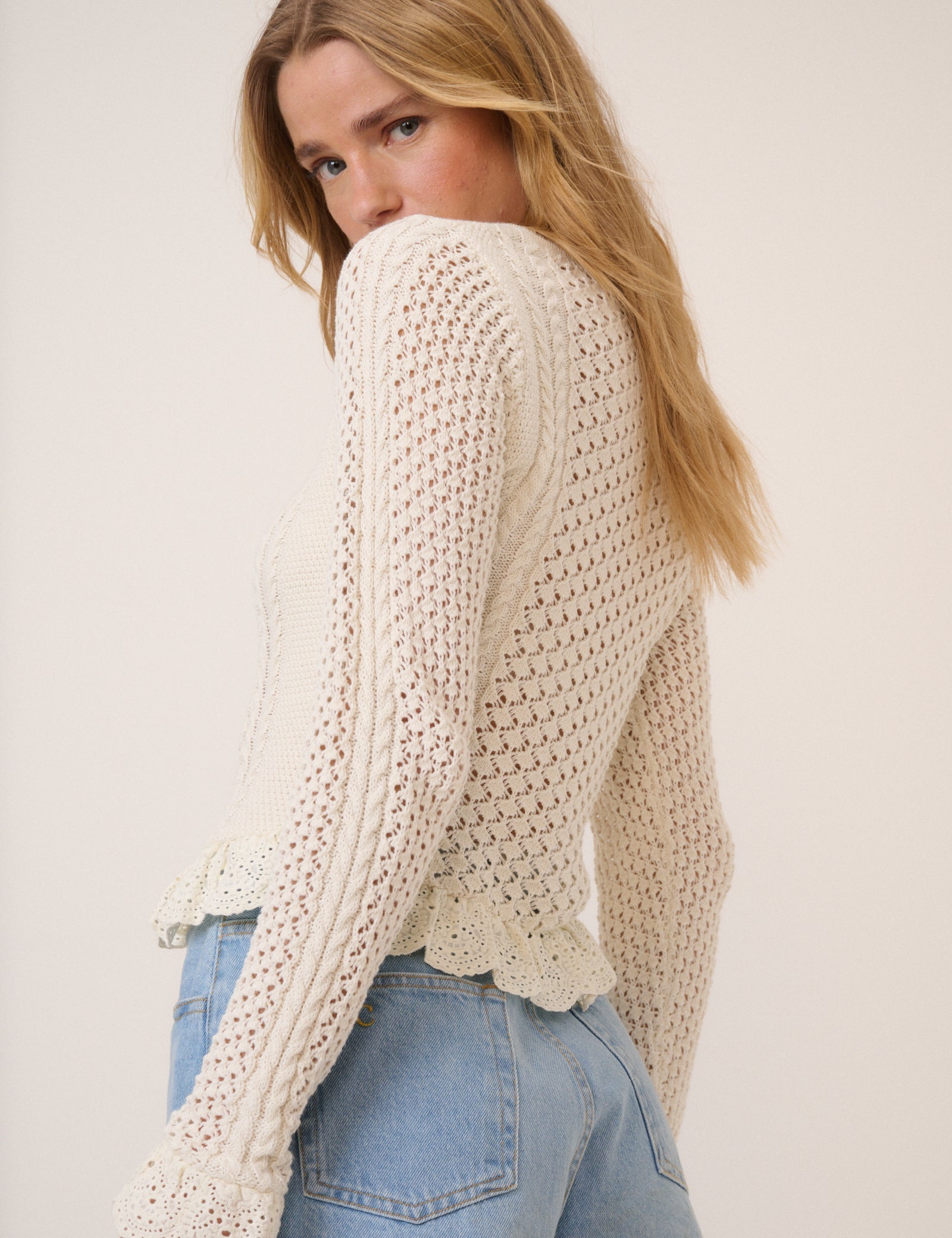 Cream Pointelle Frill Button Through Cardigan