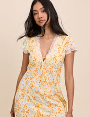 Yellow Floral Lace Trim Aida Mini Dress