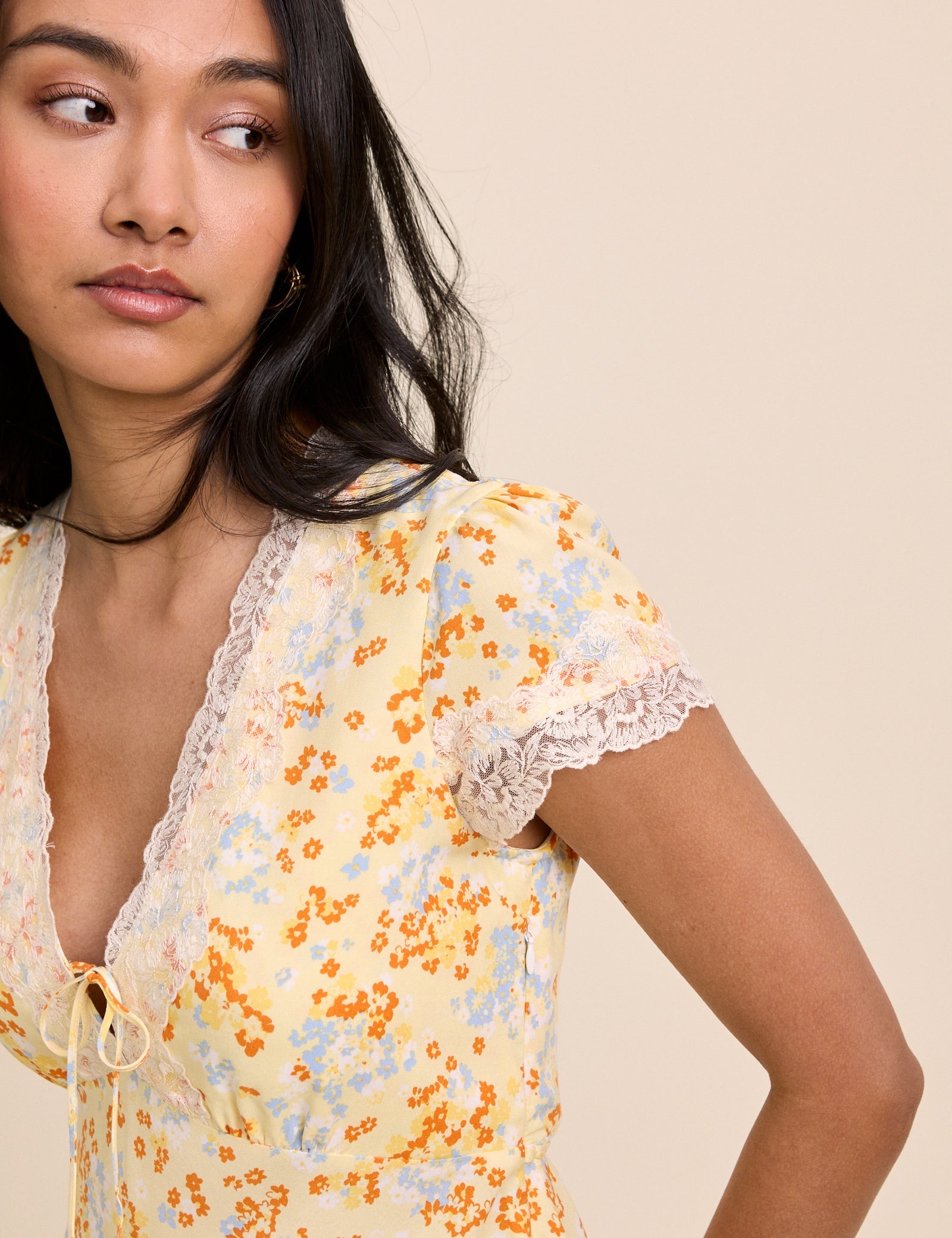 Yellow Floral Lace Trim Aida Mini Dress
