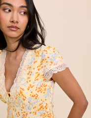 Yellow Floral Lace Trim Aida Mini Dress