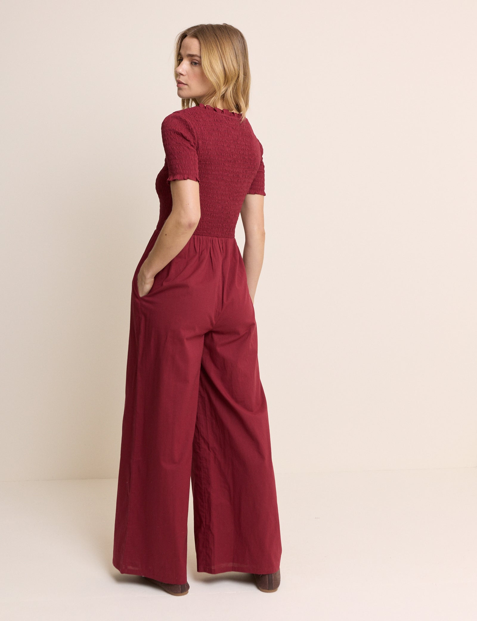 Red Shirred Wide Leg Zita Jumpsuit