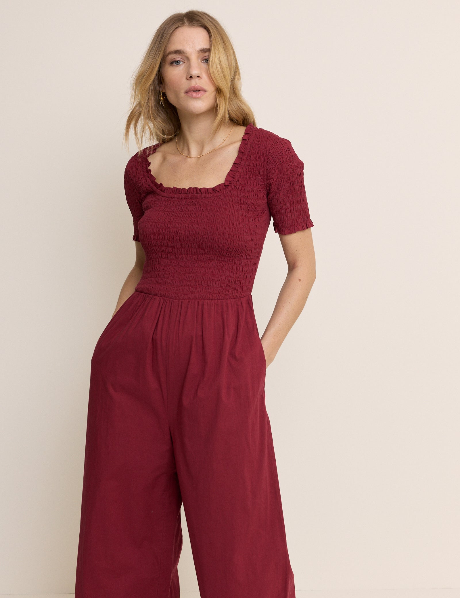 Red Shirred Wide Leg Zita Jumpsuit