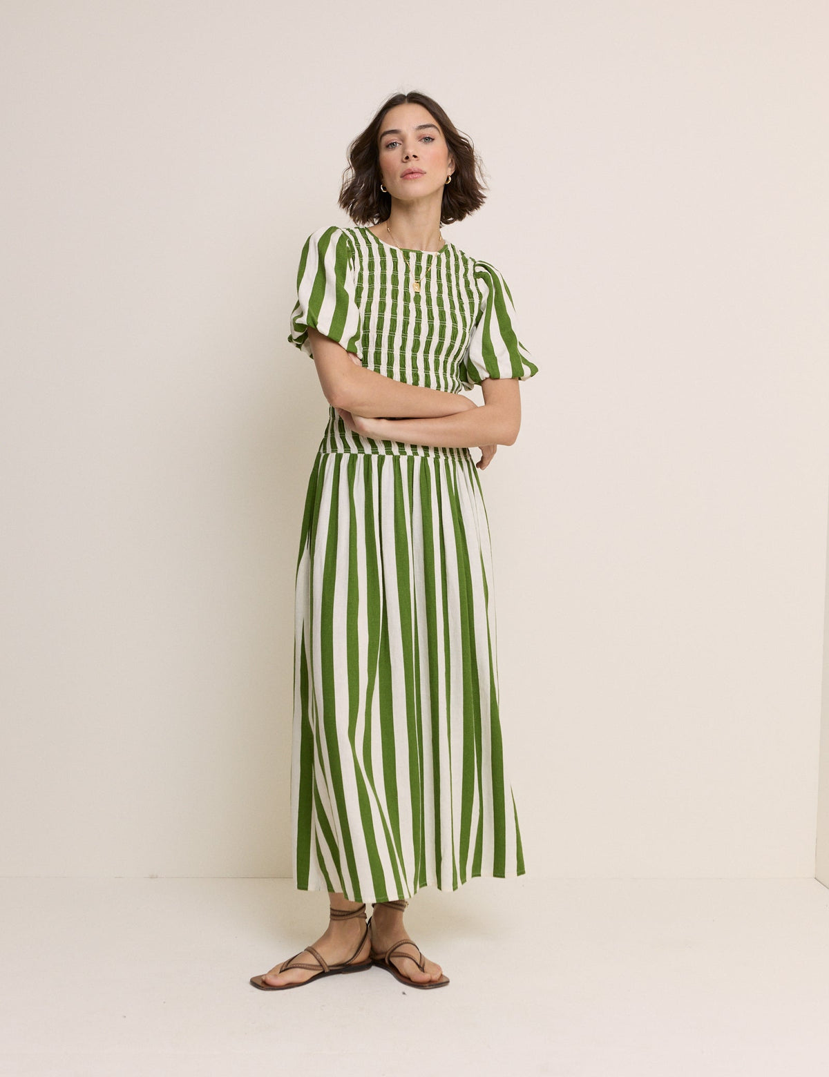 Green Striped Shirred Drop Waist Amanda Midi Dress
