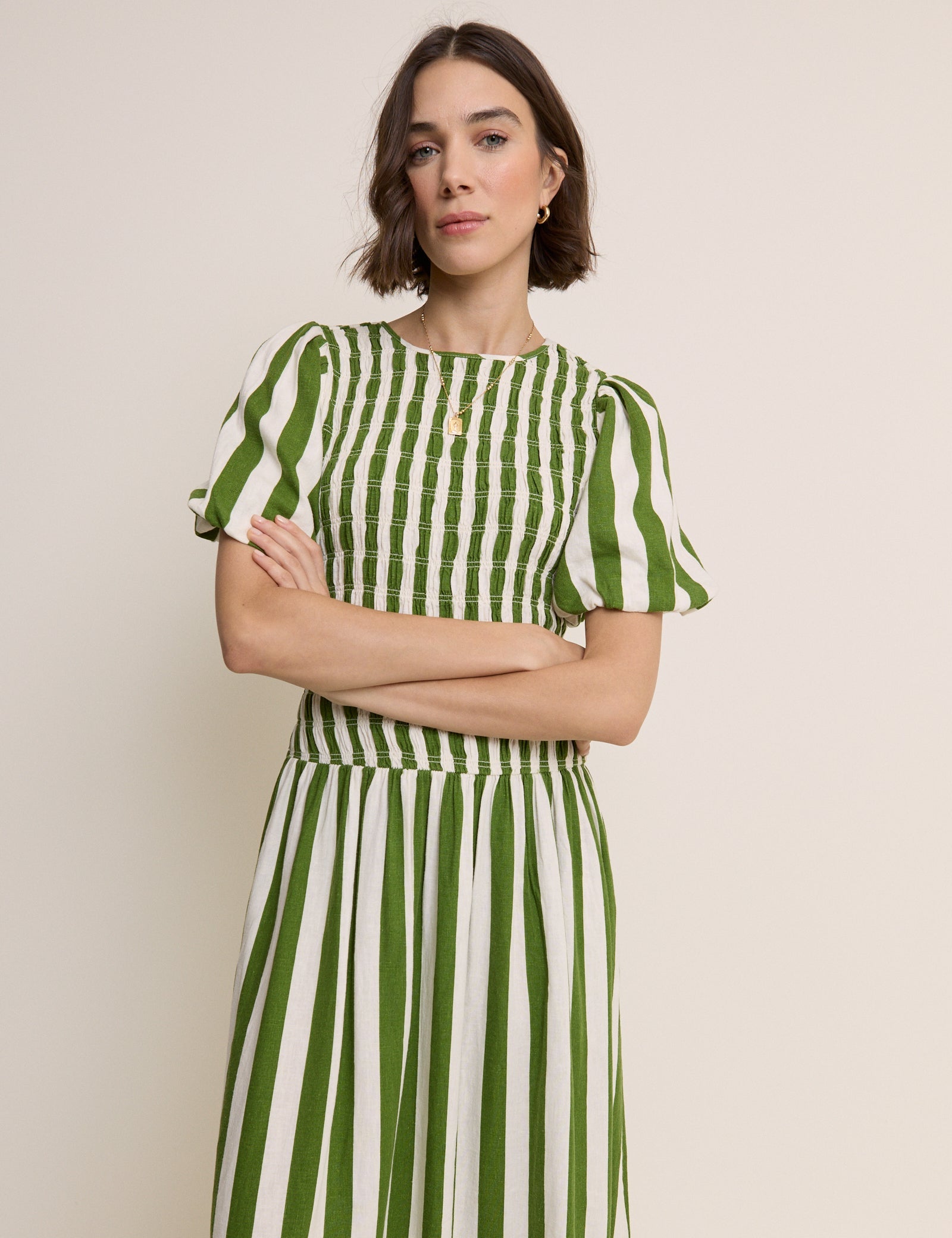 Green Striped Shirred Drop Waist Amanda Midi Dress