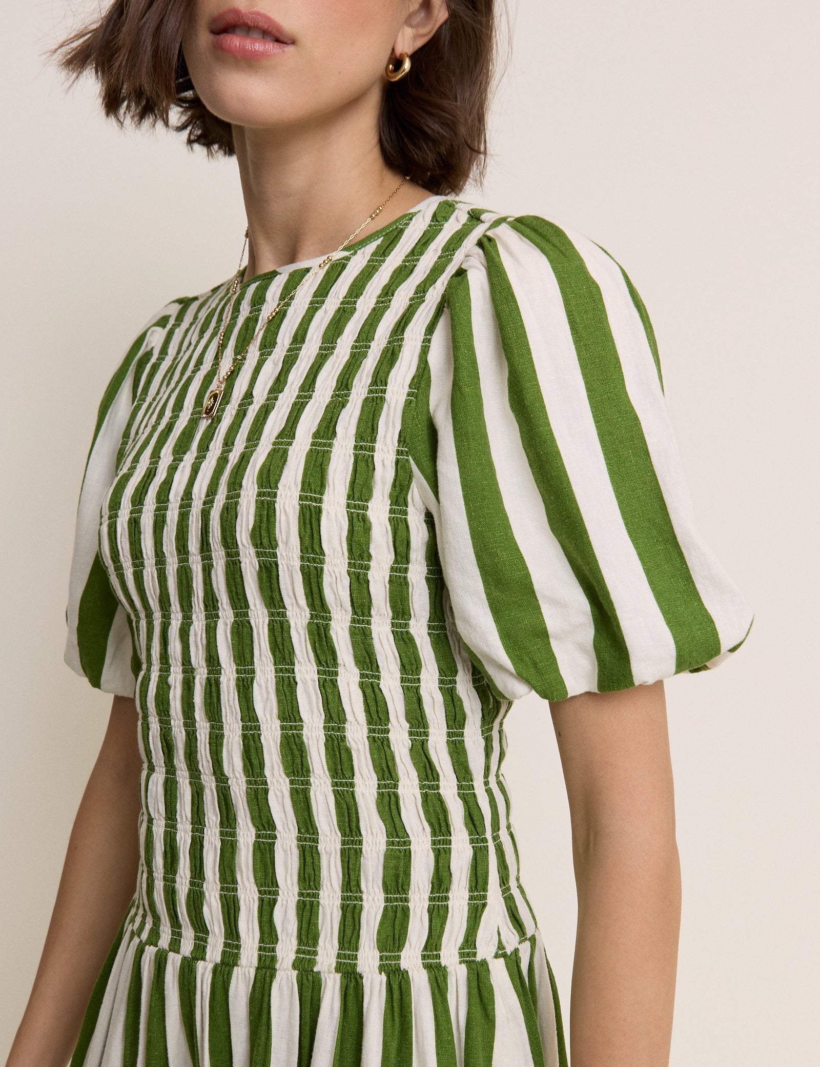 Green Striped Shirred Drop Waist Amanda Midi Dress
