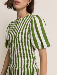 Green Striped Shirred Drop Waist Amanda Midi Dress