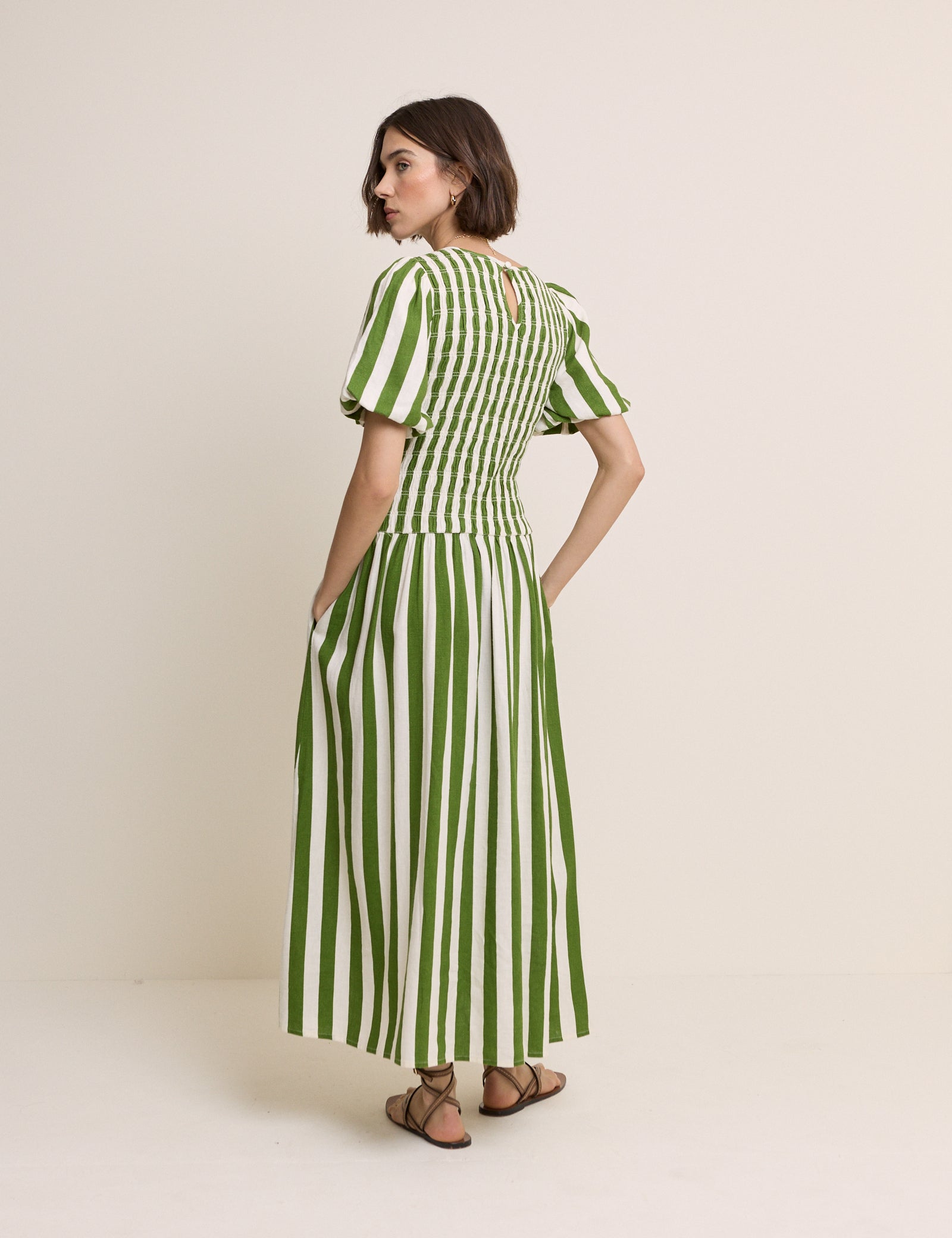 Green Striped Shirred Drop Waist Amanda Midi Dress