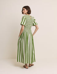 Green Striped Shirred Drop Waist Amanda Midi Dress
