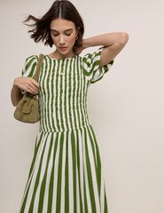 Green Striped Shirred Drop Waist Amanda Midi Dress