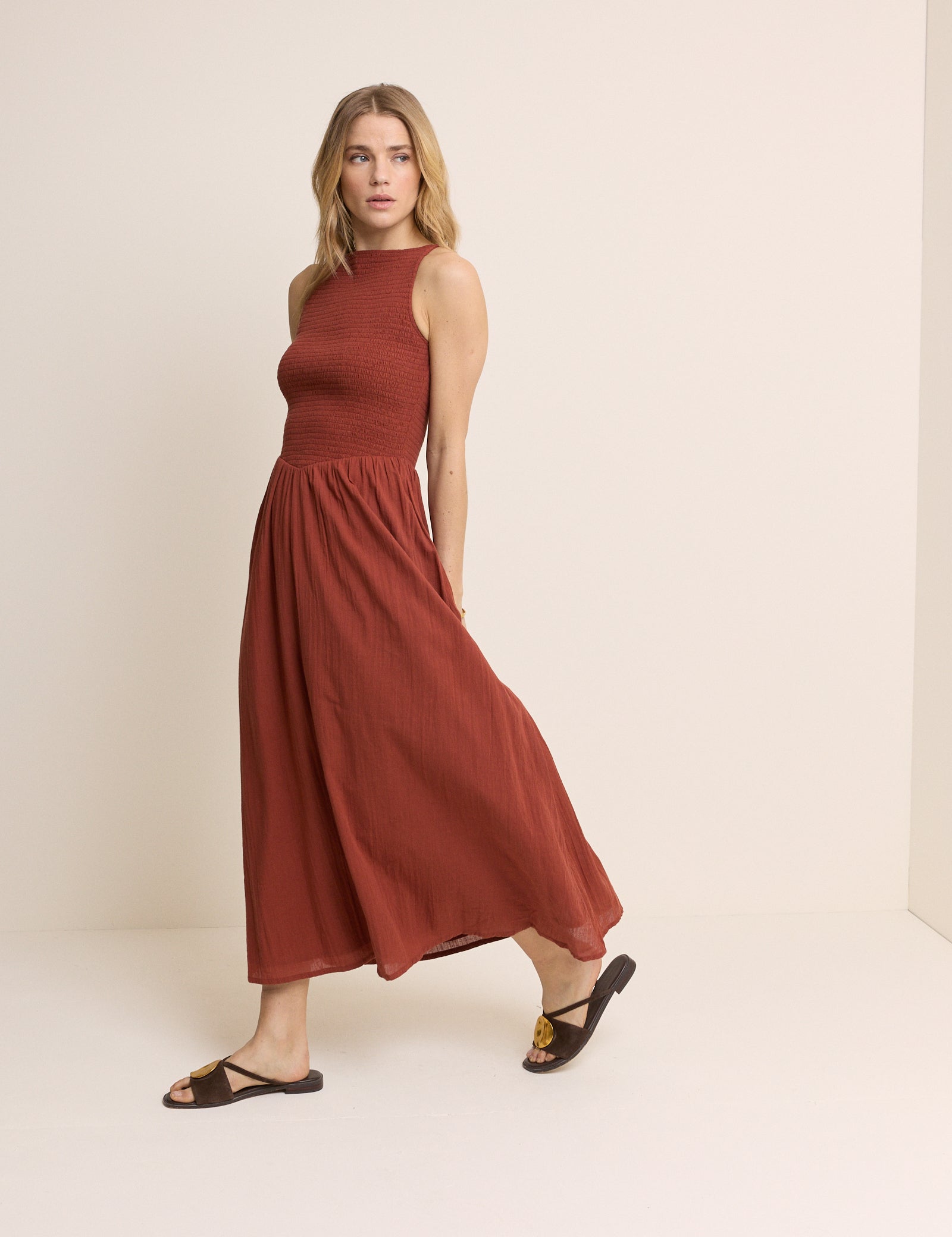Burnt Orange Drop Waist Shirred Angelina Midi Dress