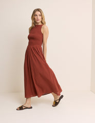 Burnt Orange Drop Waist Shirred Angelina Midi Dress