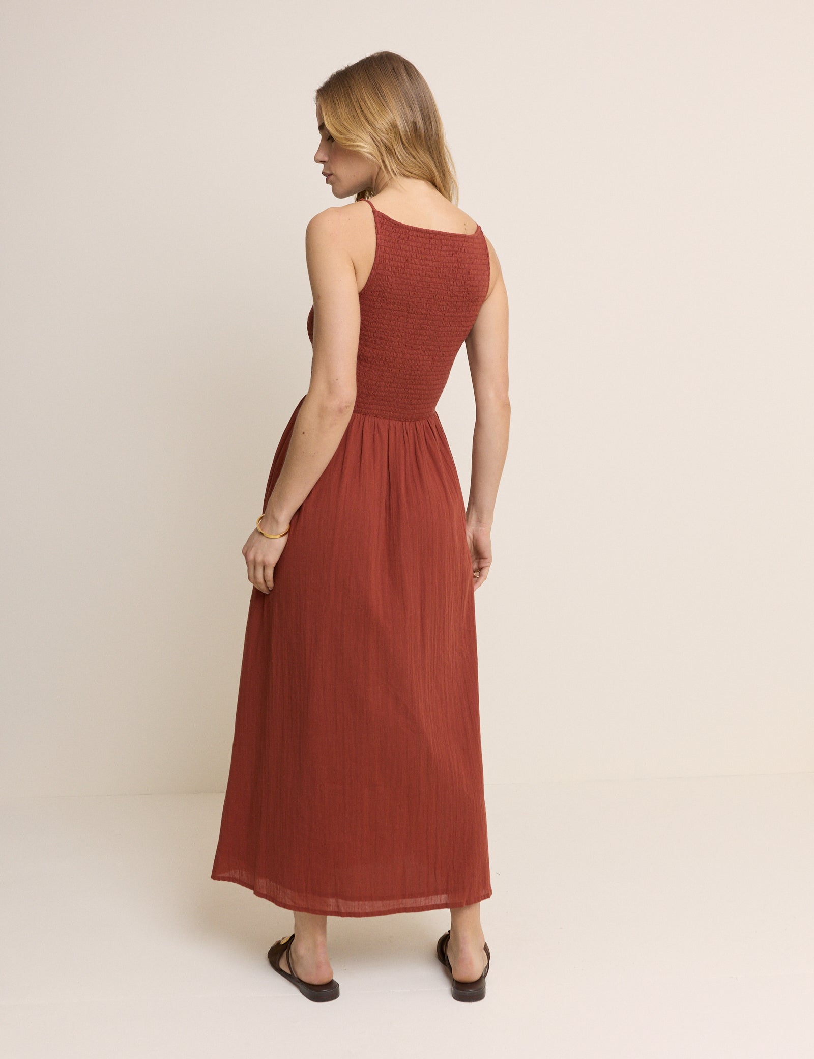 Burnt Orange Drop Waist Shirred Angelina Midi Dress