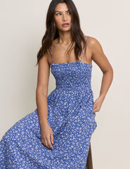 Blue Floral Shirred Rita Midi Dress