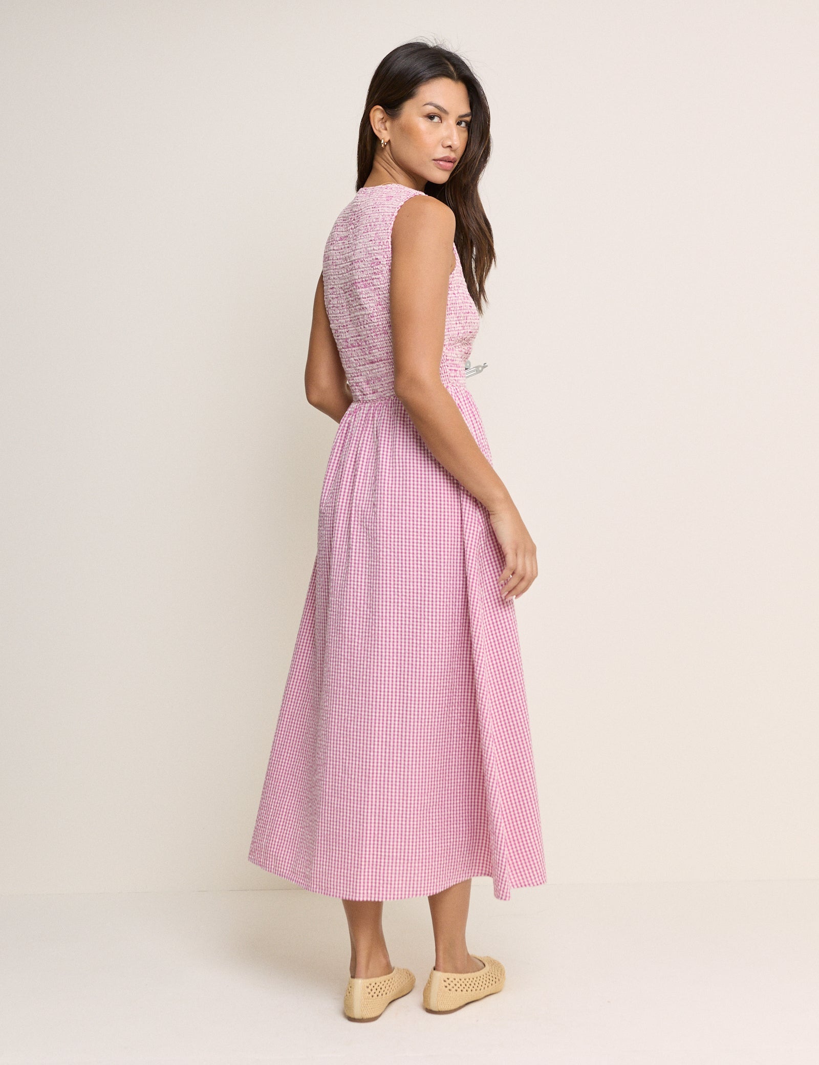 Pink Gingham Sleeveless Eliza Midi Dress