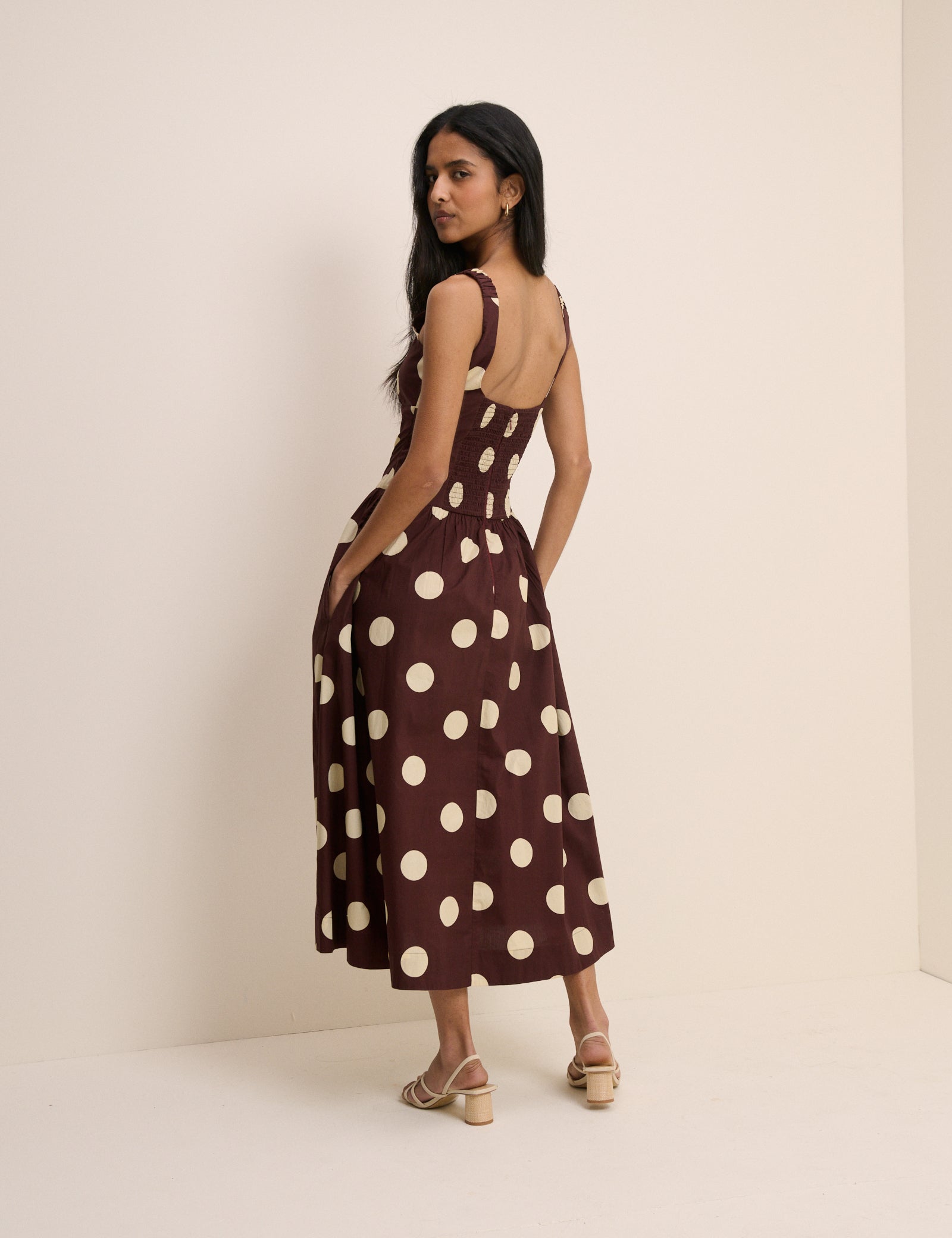 Brown and Cream Polka Dot Panelled Soraya Midi Dress