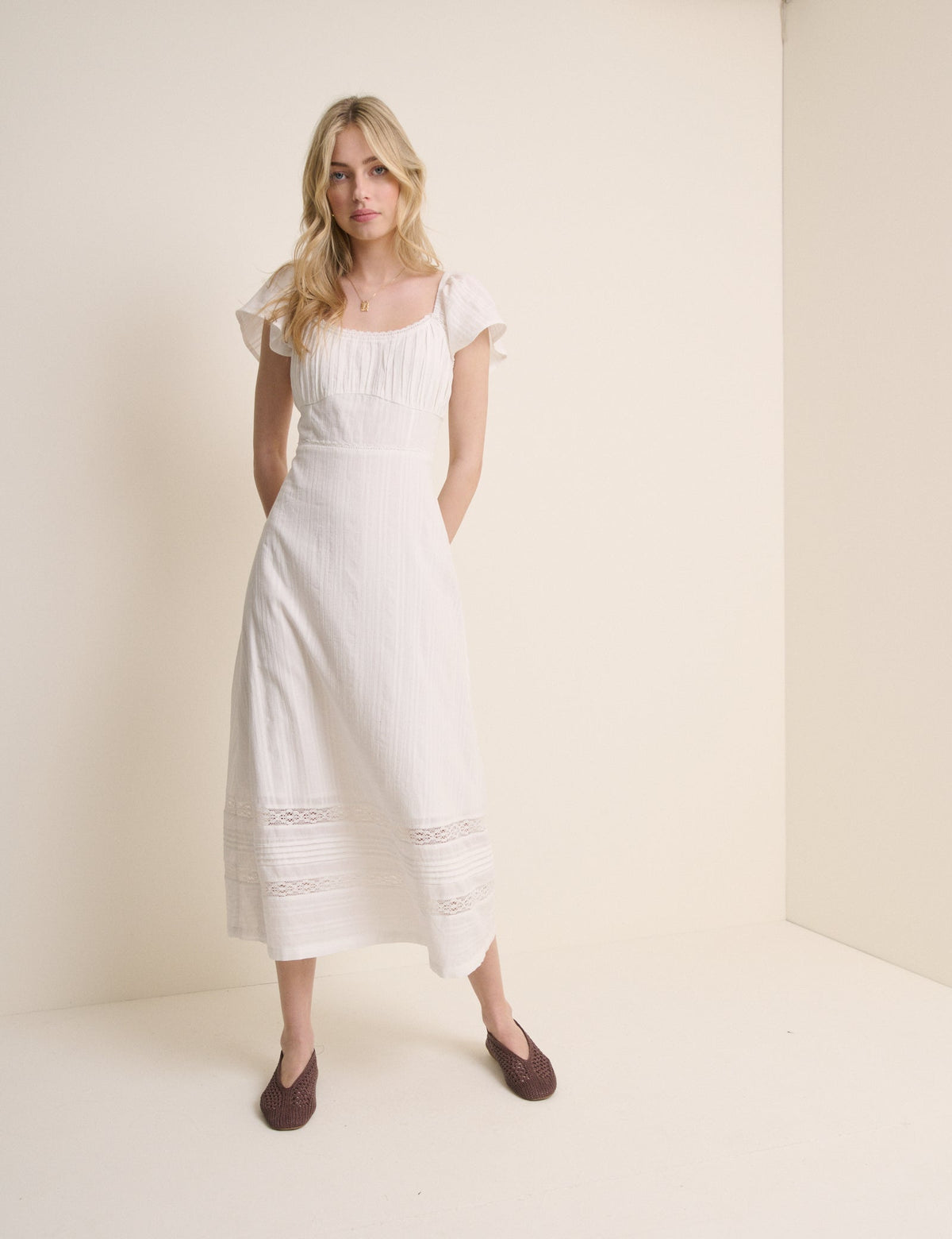 White Pintuck Scoop Neck Alex Midi Dress