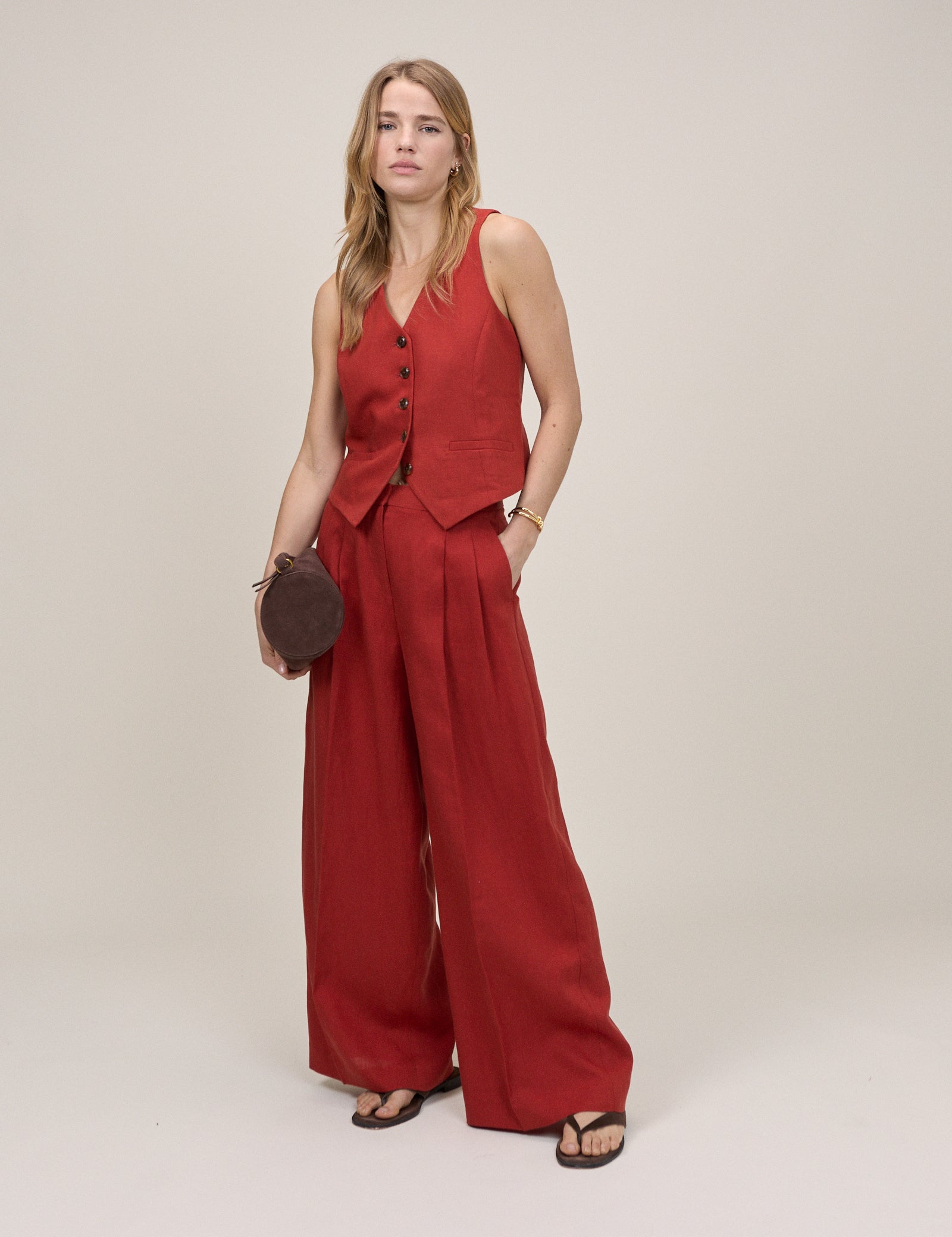 Rust Relaxed Wide Leg Tailored Trousers