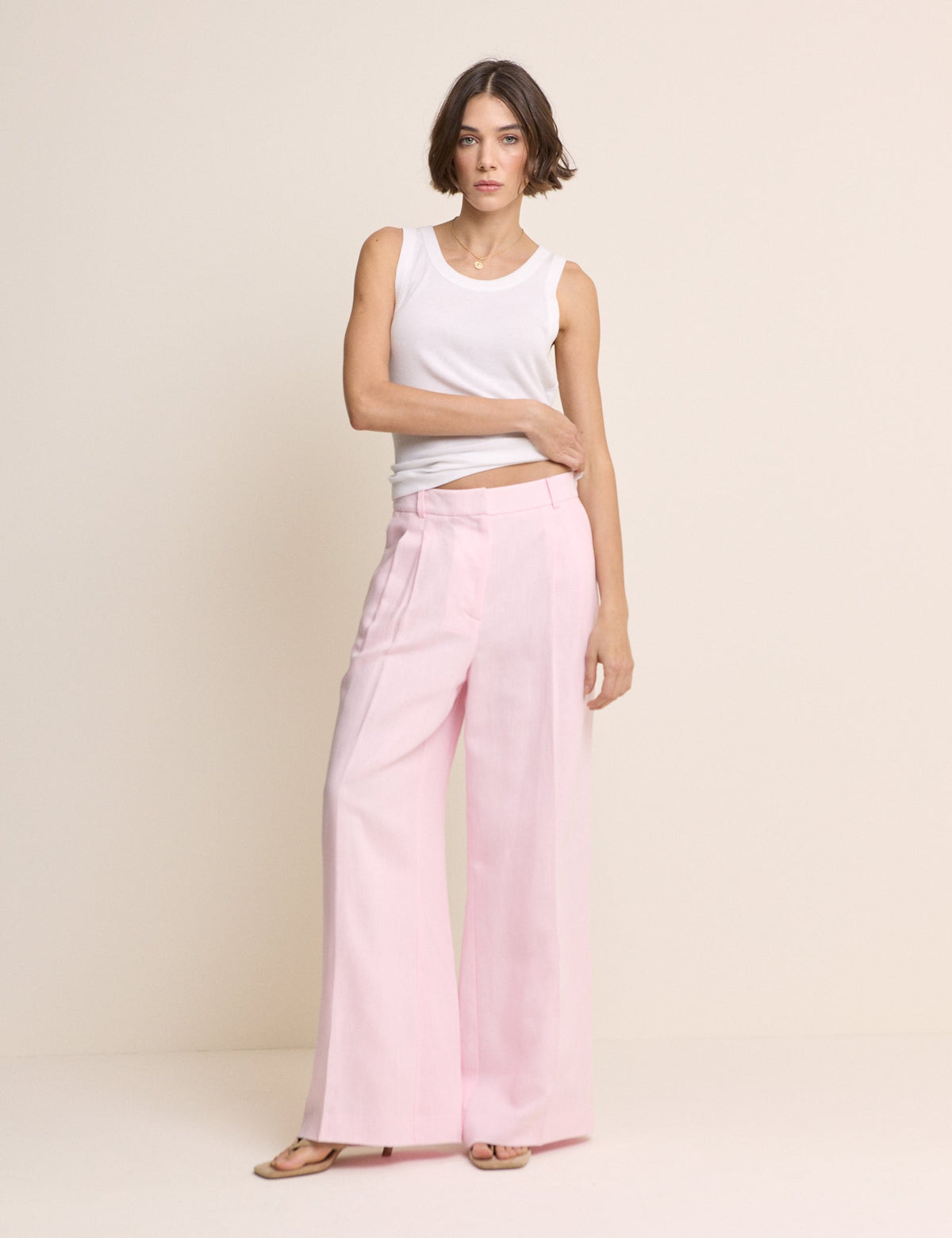 Baby Pink Linen-Blend Jax Wide Leg Trousers