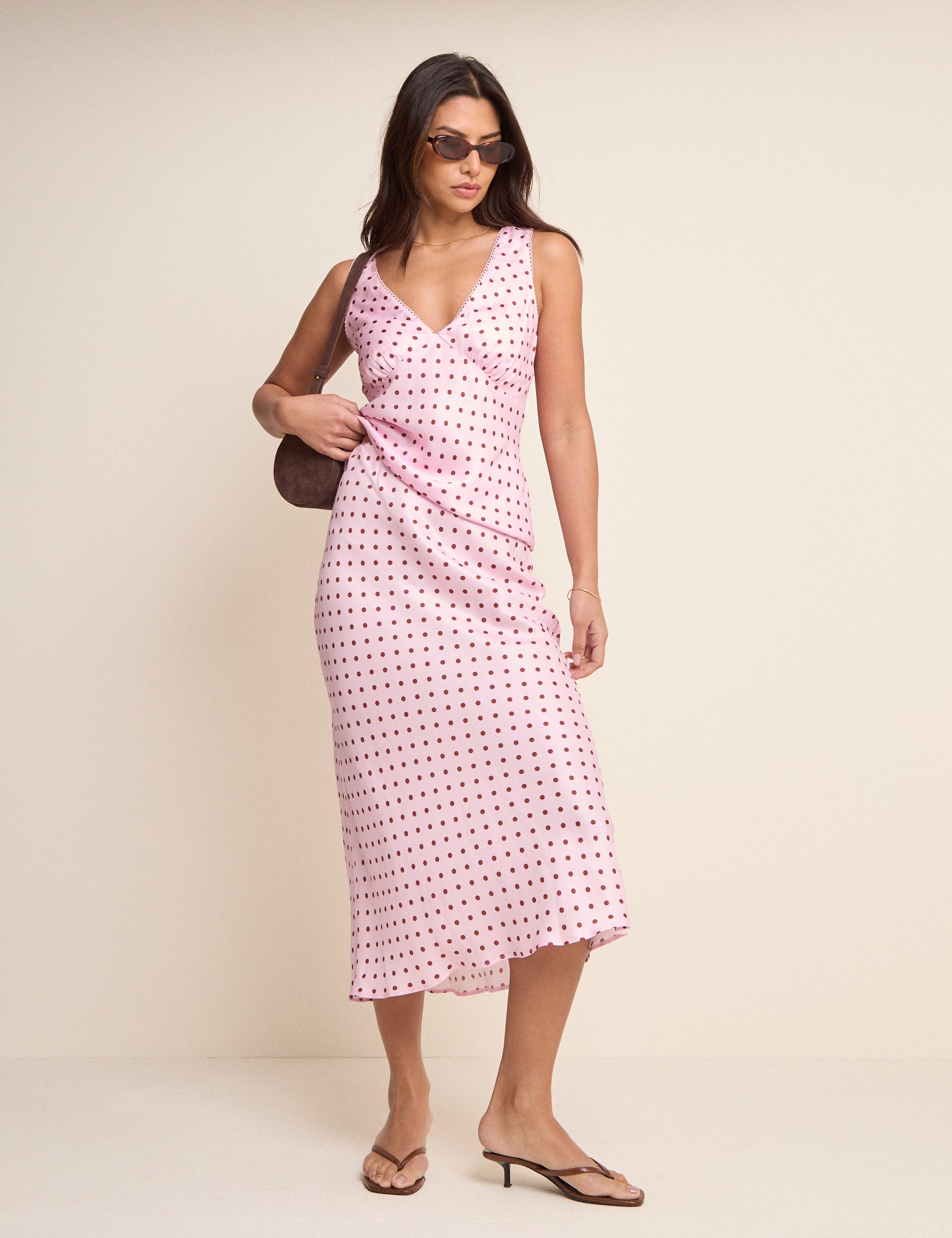 Pink and Brown Polka Dot Lace Trim V-Neck Top