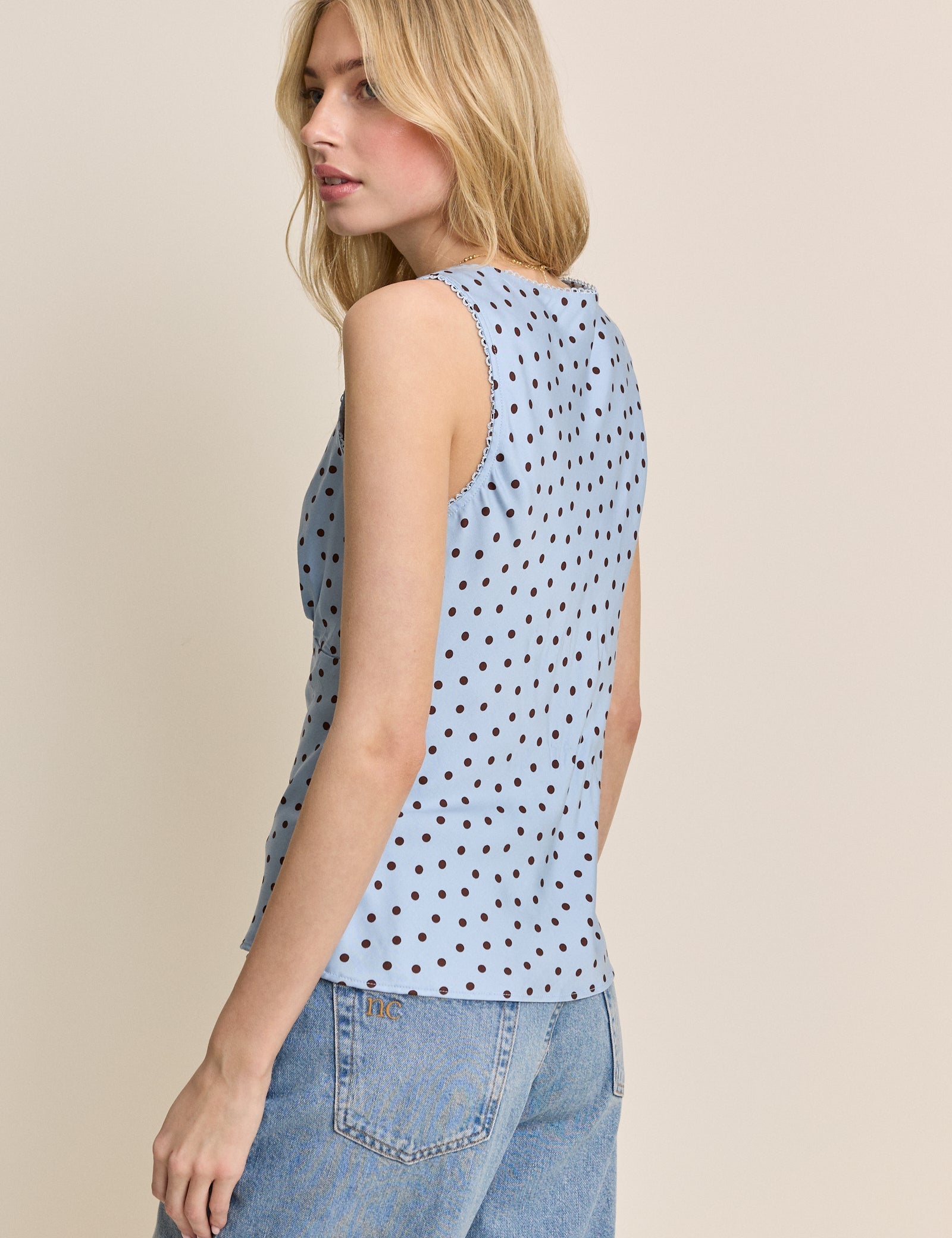 Blue Polka Dot Lace Trim V-Neck Top
