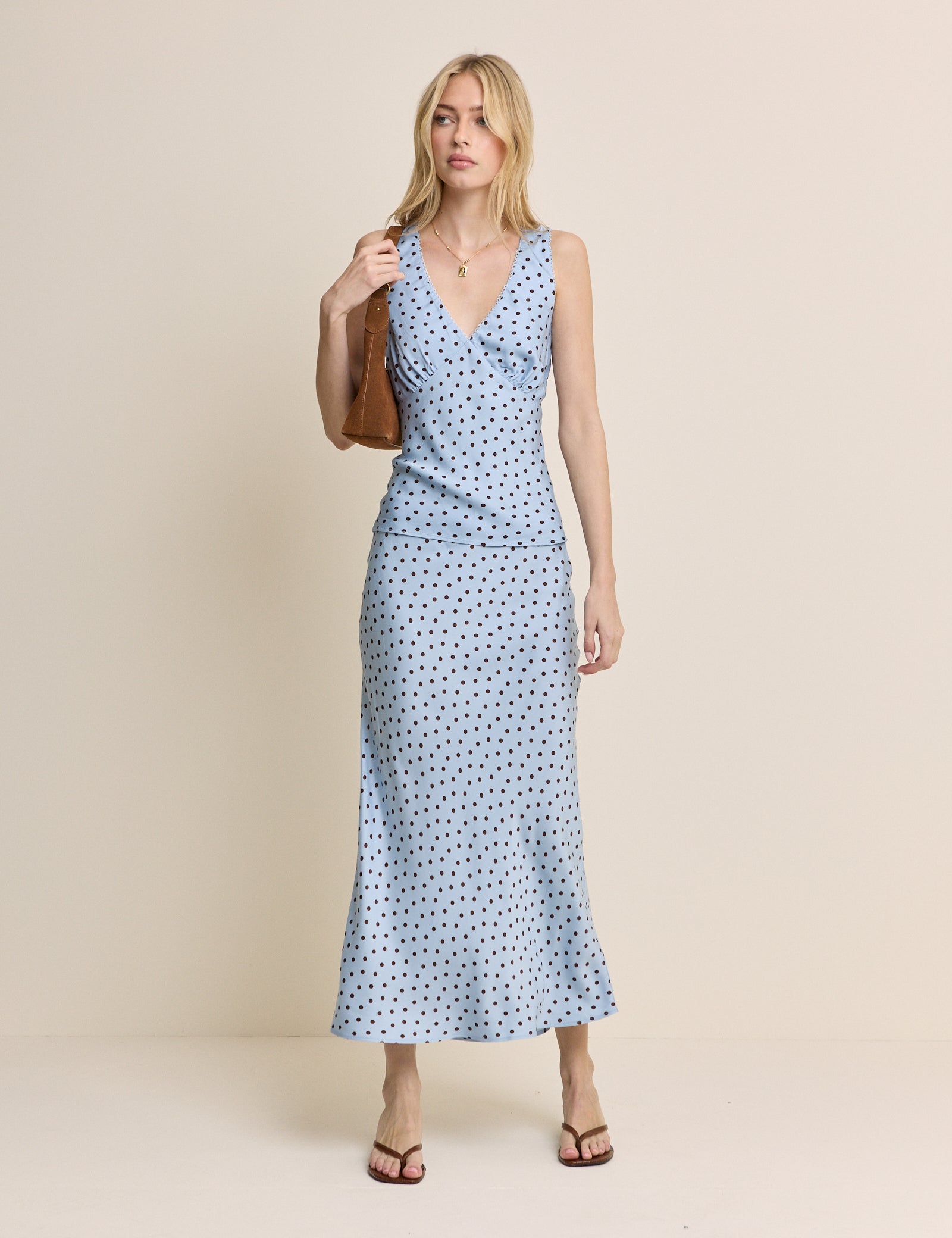 Blue Polka Dot Lace Trim V-Neck Top