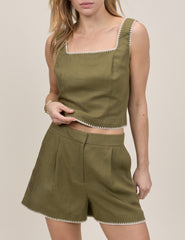 Khaki Whipstitch Tailored Shorts