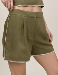 Khaki Whipstitch Tailored Shorts