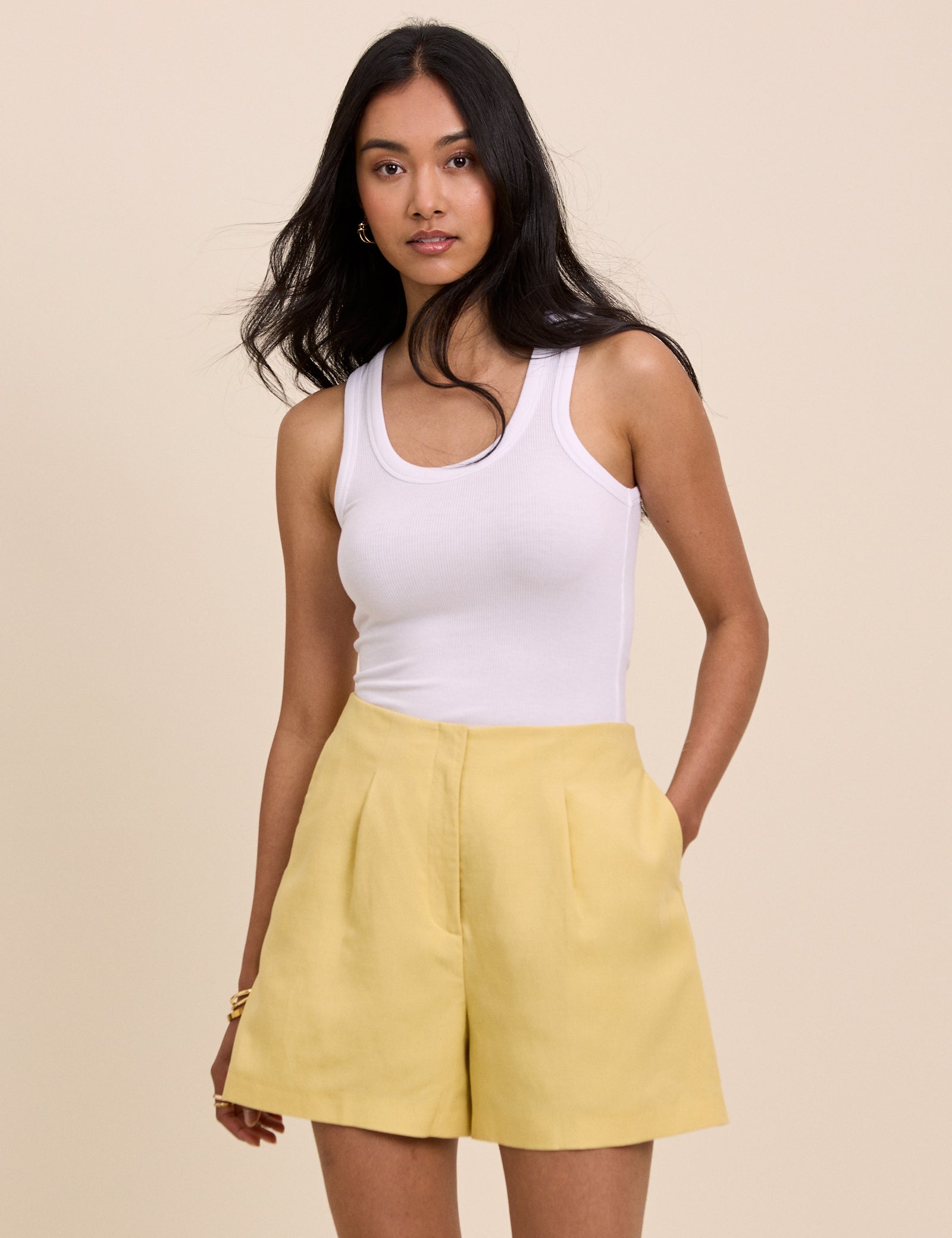 Yellow Linen-Blend Tailored Shorts
