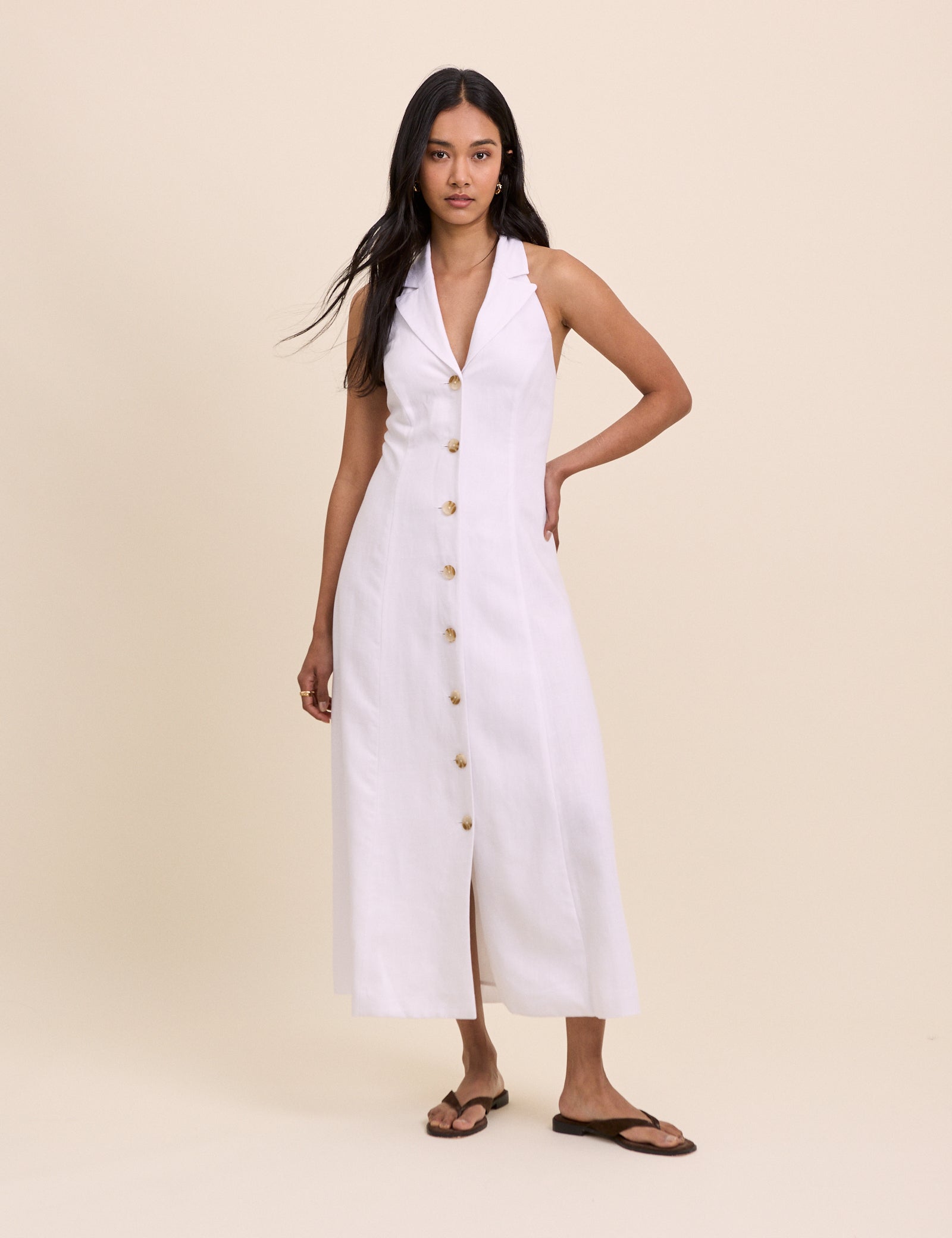 White Linen-Blend Halterneck Tailored Midi Dress