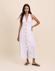 White Linen-Blend Halterneck Tailored Midi Dress