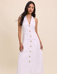 White Linen-Blend Halterneck Tailored Midi Dress