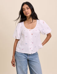 White Embroidered Scoop Neck Edris Blouse