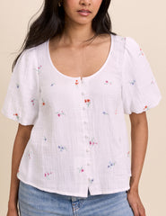 White Embroidered Scoop Neck Edris Blouse