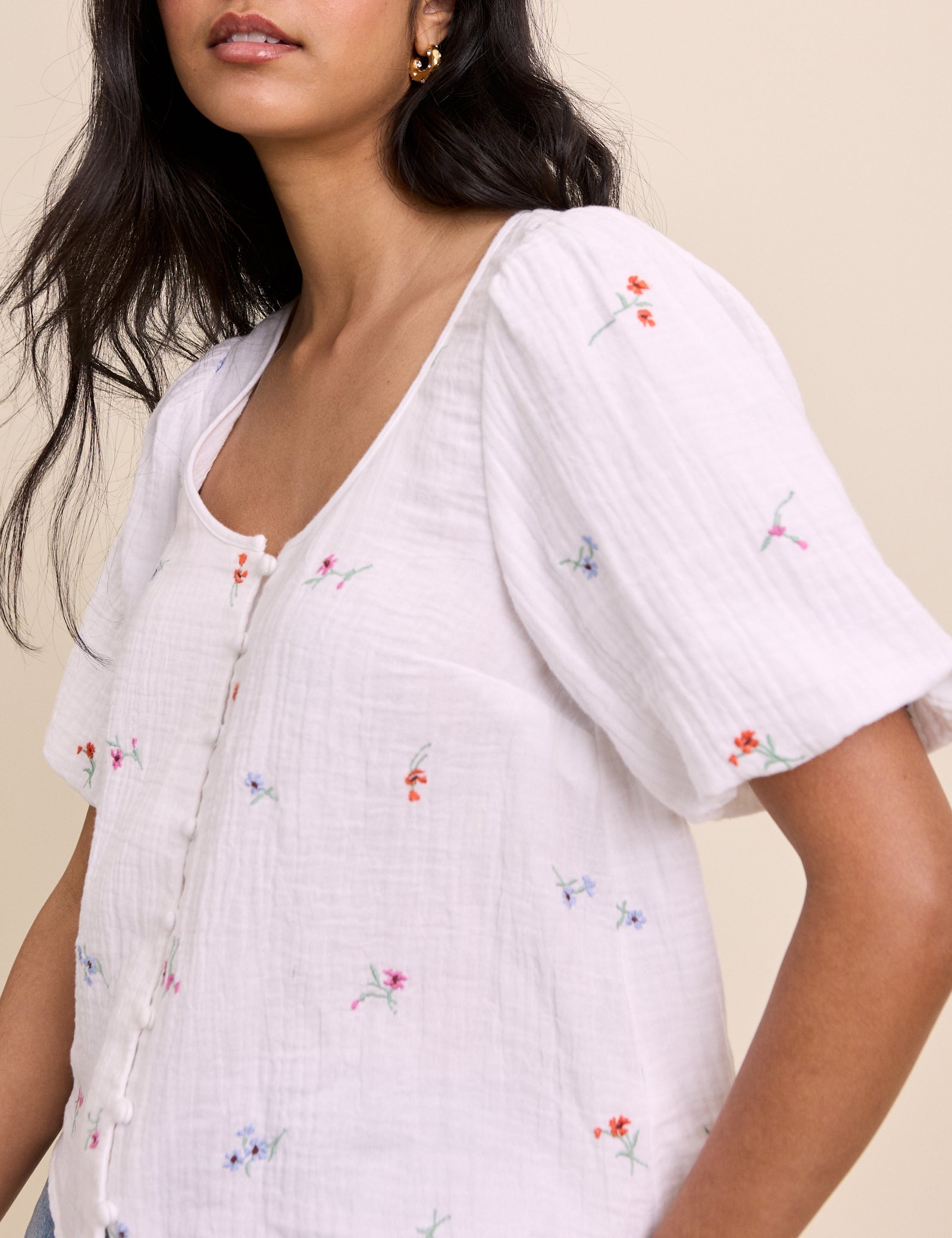 White Embroidered Scoop Neck Edris Blouse