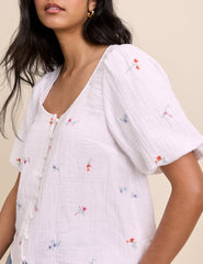 White Embroidered Scoop Neck Edris Blouse
