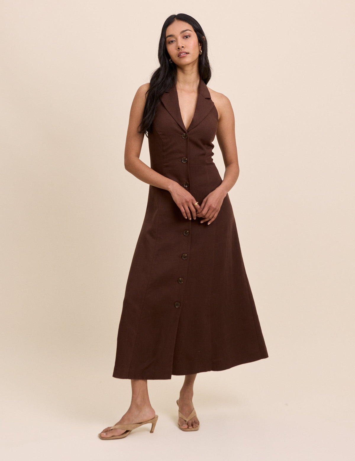 Brown Halterneck Tailored Midi Dress