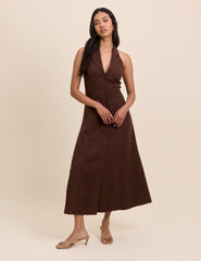 Brown Halterneck Tailored Midi Dress