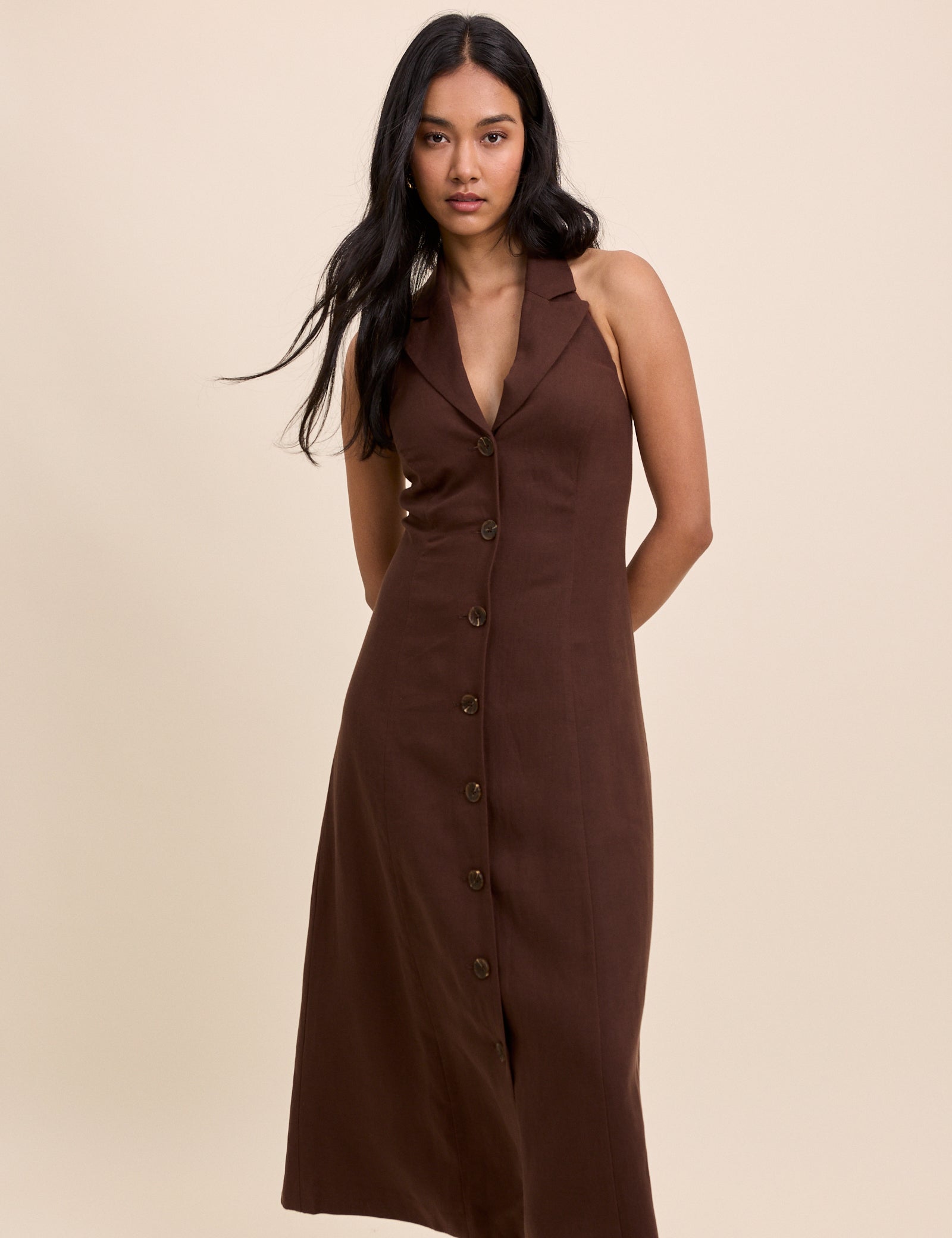 Brown Halterneck Tailored Midi Dress