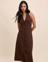 Brown Halterneck Tailored Midi Dress
