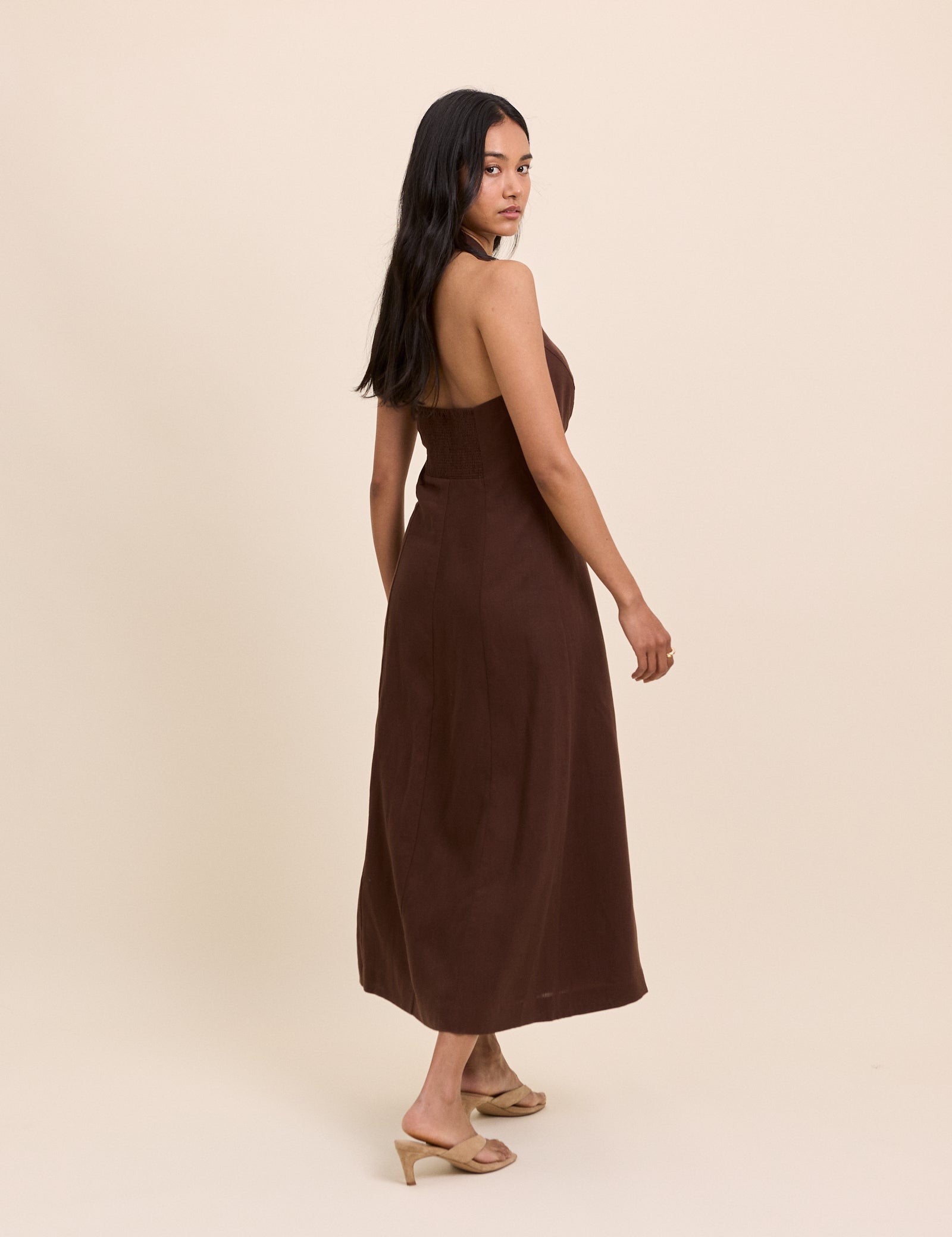 Brown Halterneck Tailored Midi Dress