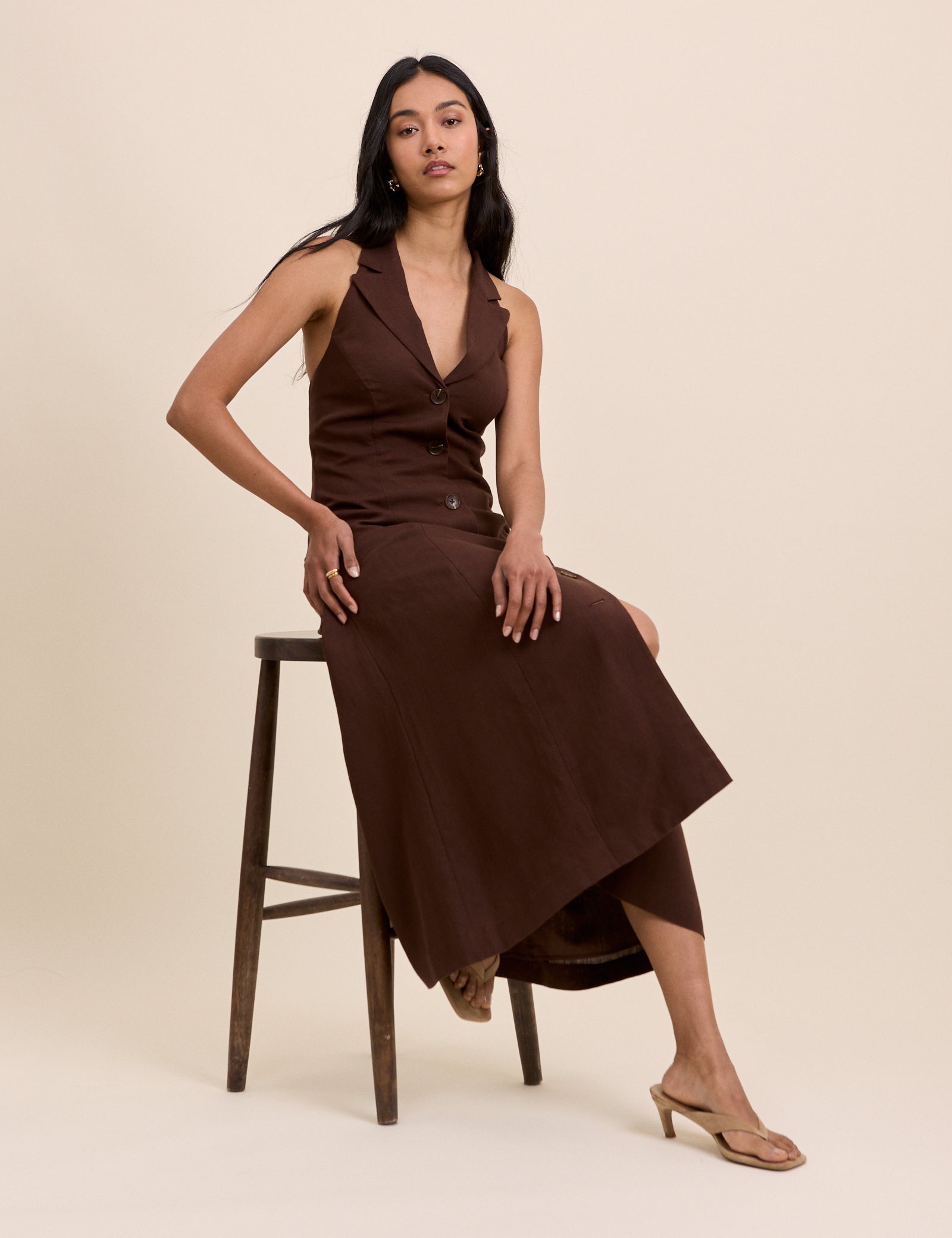Brown Halterneck Tailored Midi Dress