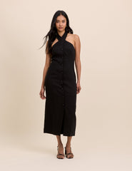 Black Wrap Neck Tailored Midi Dress